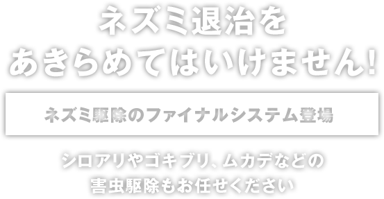 ネズミを科学したネズミ駆除ファイナルシステム登場 ネズミ退治をあきらめてはいけません！シロアリやゴキブリ、ムカデなどの害虫駆除もお任せください